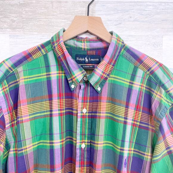 Ralph Lauren Classic Fit Short Sleeve Shirt Green Madras Plaid Mens 2XB 2X Big - Picture 2 of 6